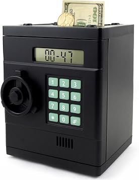 LB ATM Piggy Bank for Kids Boys, Kids Safe Bank for Real Money Electronic Mini ATM Money Saving Box with Password, Coin Recognition, Balance Calculator, Black Piggy Bank Toy Christmas Birthday Gifts