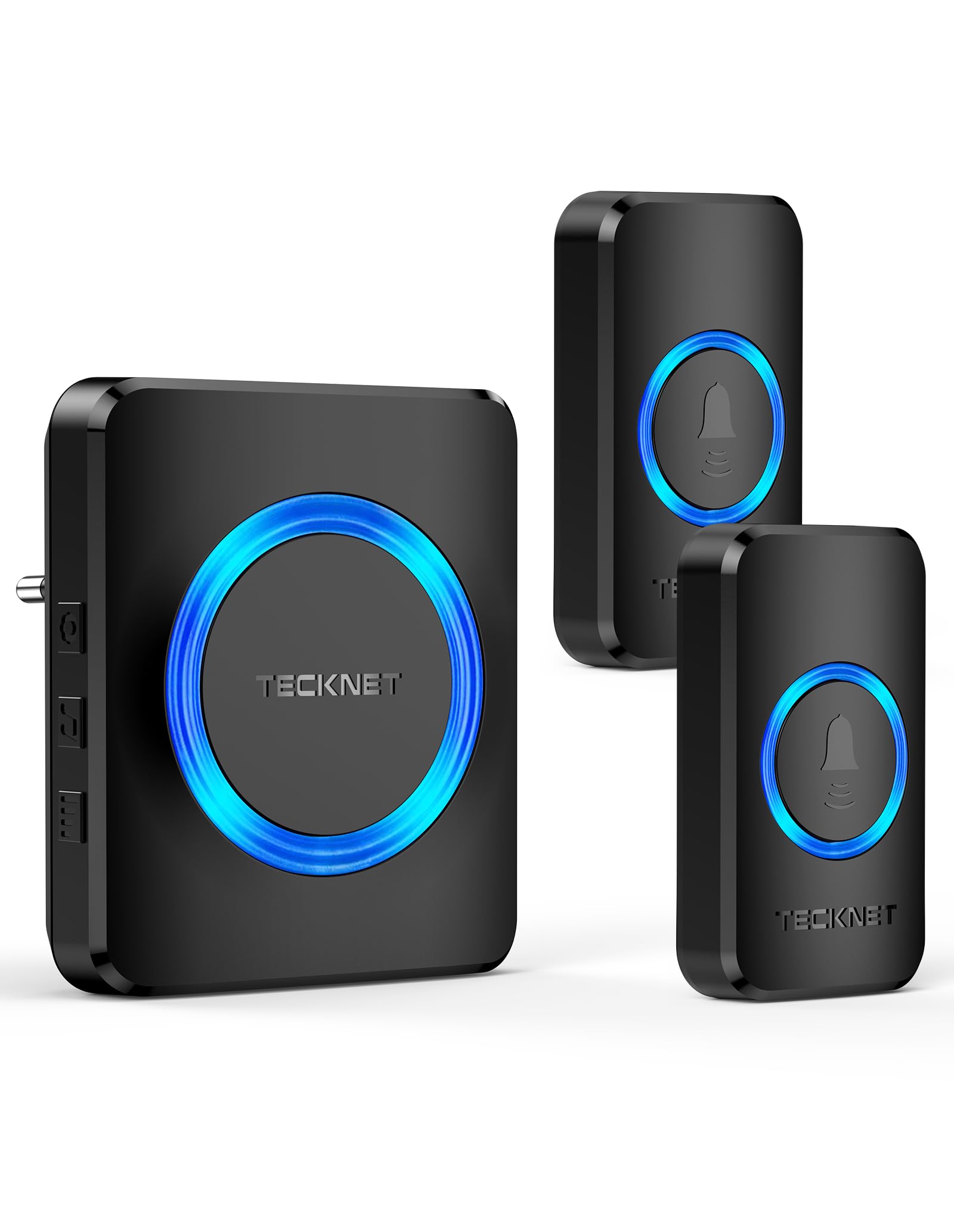 TECKNET Funkklingel, IP65 Funk klingel Aussen Wasserdicht, Kabellose Türklingel Set 600M Reichweite, Haustür Klingel kit mit 1 Plug-In-Empfänger und 2 Sender, 60 Melodien doorbell Mit LED-Blitz