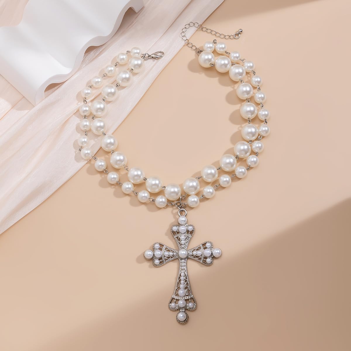 Pearl Cross Necklace Big Cross Necklace for Women Chunky Cross Necklaces Layered Pearl Beads Cross Pendant Necklaces Gothic Jewelry for Women - Image 5