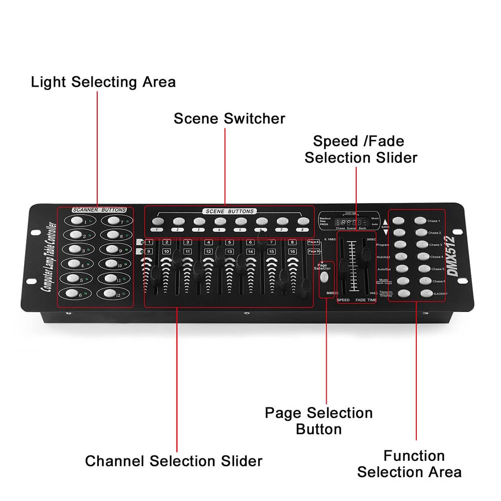 DMX-512 Controller Console, 192 Canali, DJ Luce Controller Console 240 Scene per Mini DMX Controller DMX, Luce Luce per Festa DJ Disco Moving Head Lampada Operatore Attrezzatura (Nero)