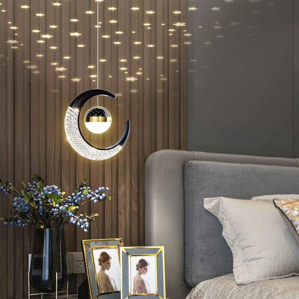 Mengjay Suspension Luminaire Lune et Étoiles Nordique Créativité LED Lustre Plafonnier 10W Lampe à Suspension avec Projection d'étoile Moderne pour Enfants Chambre (Noir, Blanc Chaud)