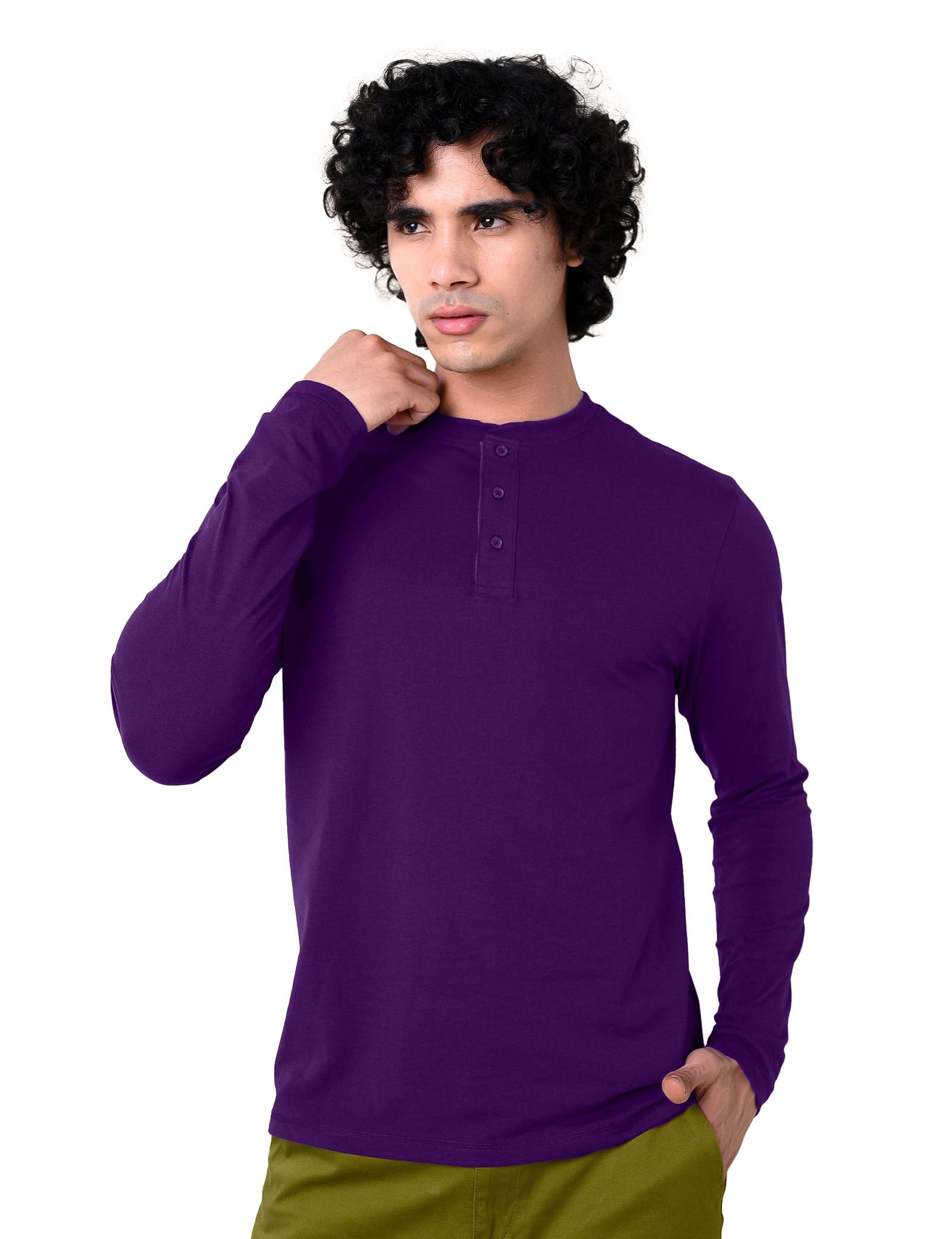Enorsia Men's Purple Crew Neck Henley T-Shirt - Uk M
