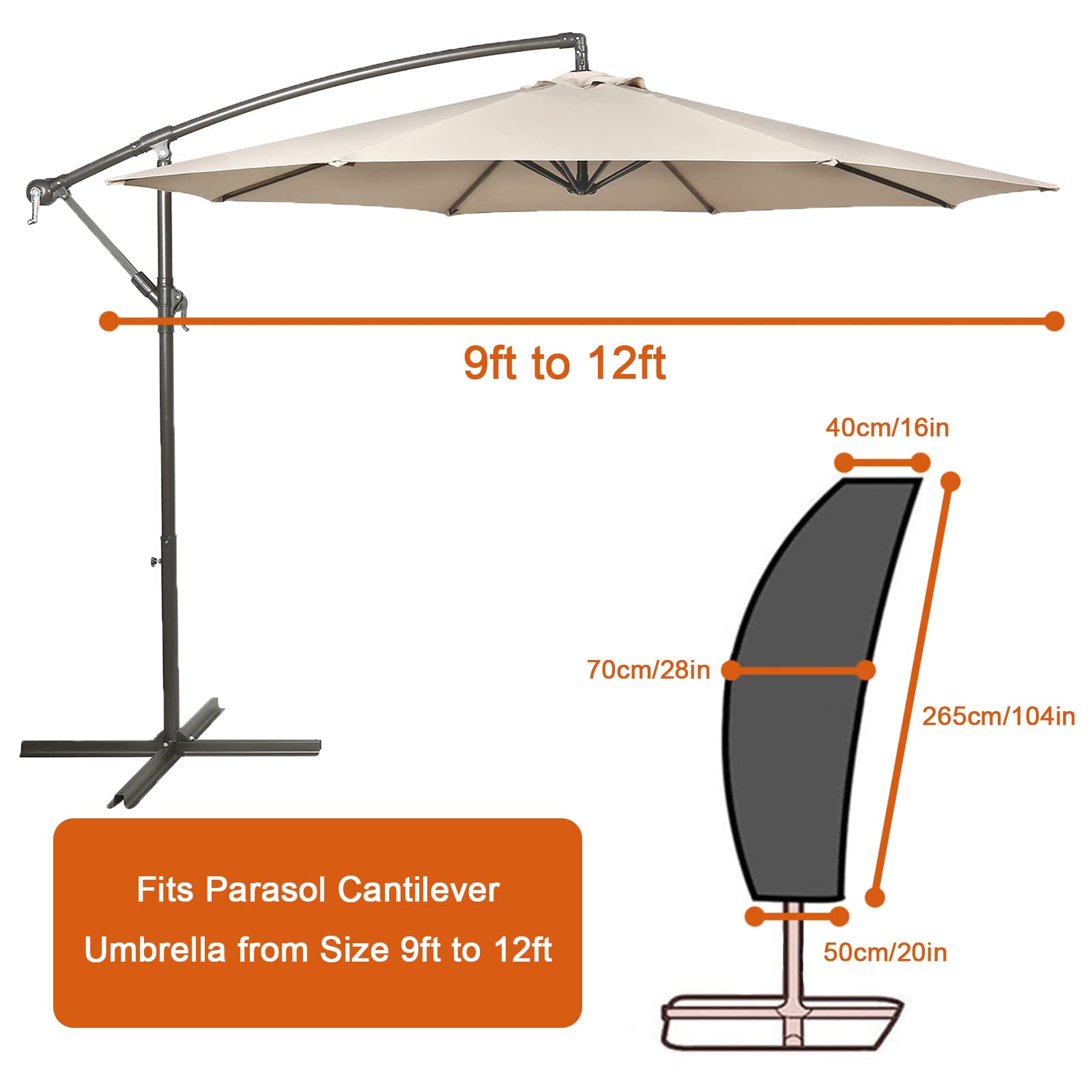 Pokrowiec na parasol wodoodporny, duży pokrowiec na parasol z zamkiem błyskawicznym na 2 do 4 m, ogrodowy parasol zewnętrzny, wytrzymały pokrowiec na parasol ogrodowy 420D, tkanina Oxford,