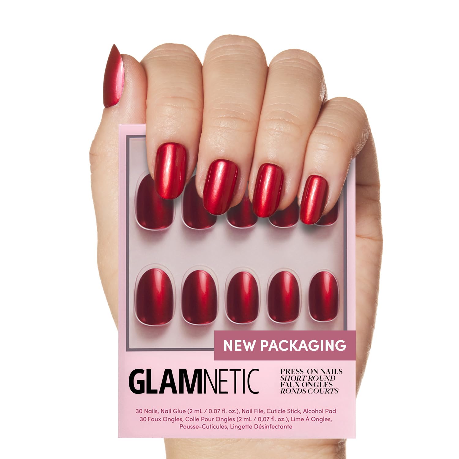 Glamnetic Press On Nails - Cherry Glaze | Short Round Bright Cherry Red Nails with a Glaze Finish | 15 Sizes - 30 Nail Kit with Glue
