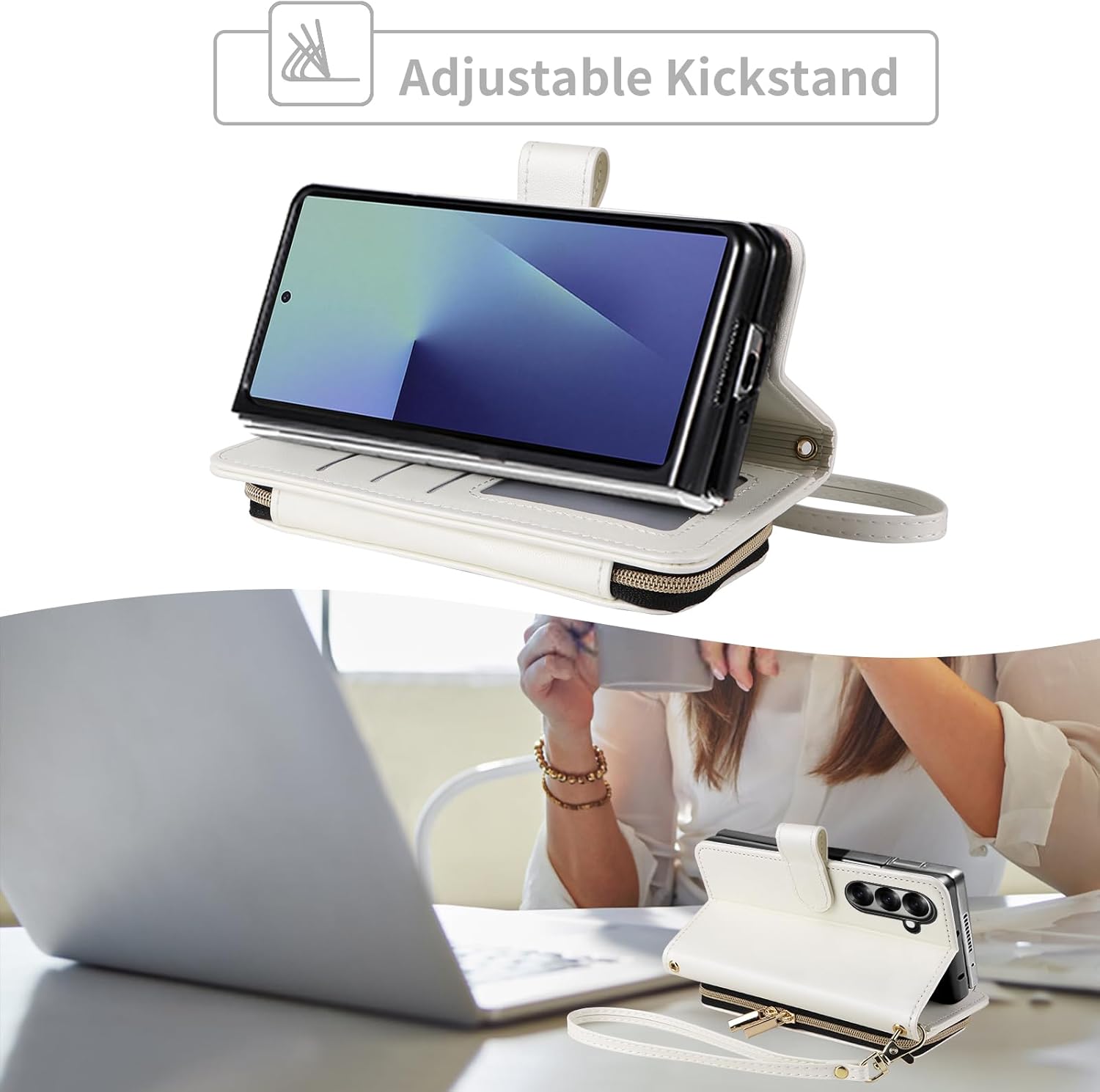 Argyle Wallet Case for Samsung Galaxy Z Fold 7 5G 2025 with Wrist/Shoulder Strap Card Slot Zipper Purse Luxury PU Leather Stand Cell Phone Cover for ZFold7 Z7 G Fold7 7Z Women Girls White