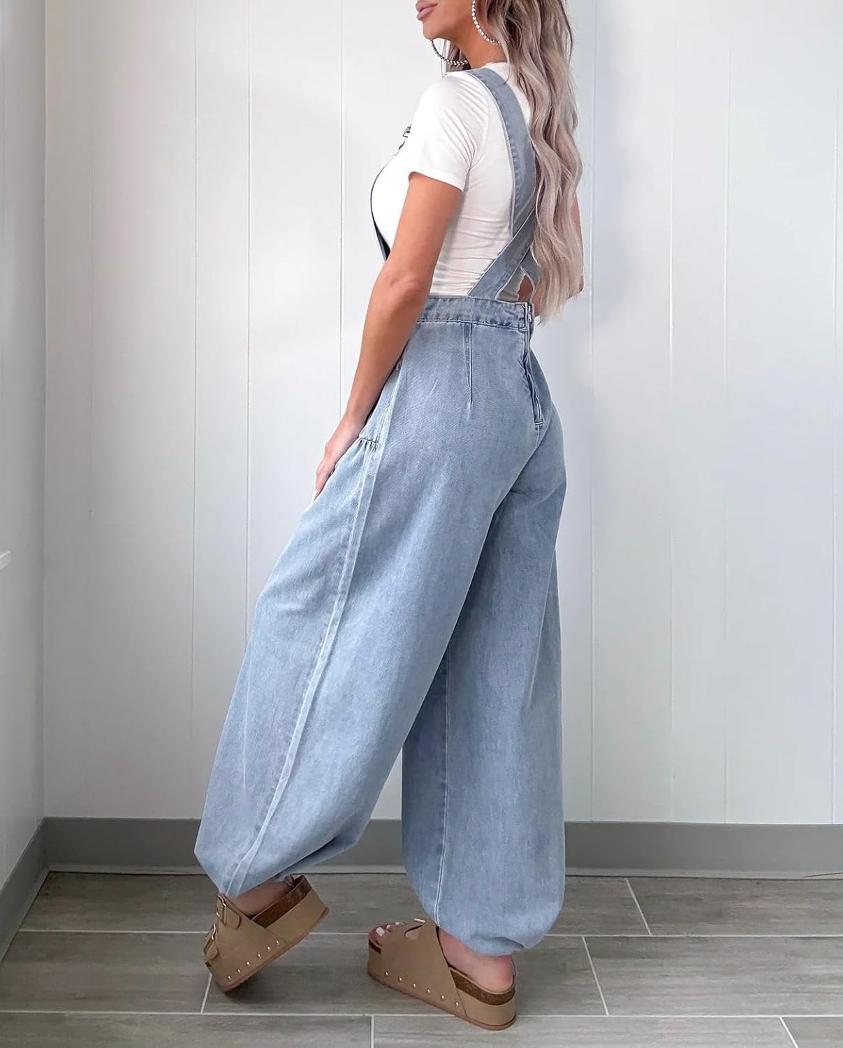 yoeasy Women's Denim Bib Overalls Lotus Tube Wide Leg Baggy Jeans Adjustable Strap Pleated Jumpsuits with Drawstring - Image 6