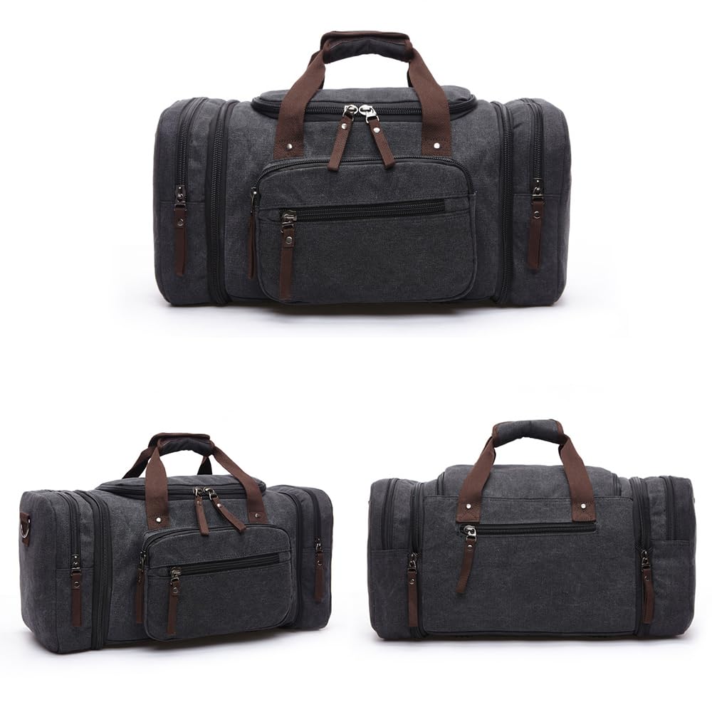Reisetasche aus Canvas, große Sporttasche, mehrere Fächer, Tragetasche, Moderne Schultertasche aus Leder und Canvas, ideal für Wochenendtrips und Camping (Schwarz)