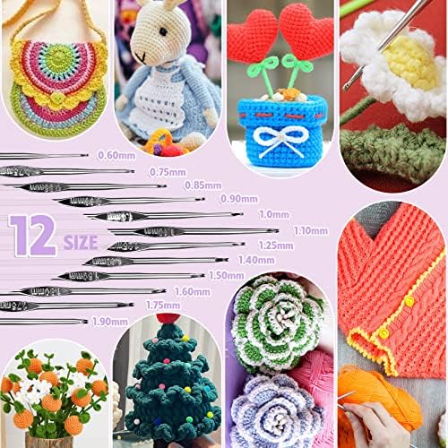 Crochet Hooks Set, Crochet Kits for Beginners Adults, Knitting Starter Kit, Include 0.6-6.0 mm Metal Crochet Hooks, Wool, Case and Knitting Accessories, Crochet Starter Kit, Purple
