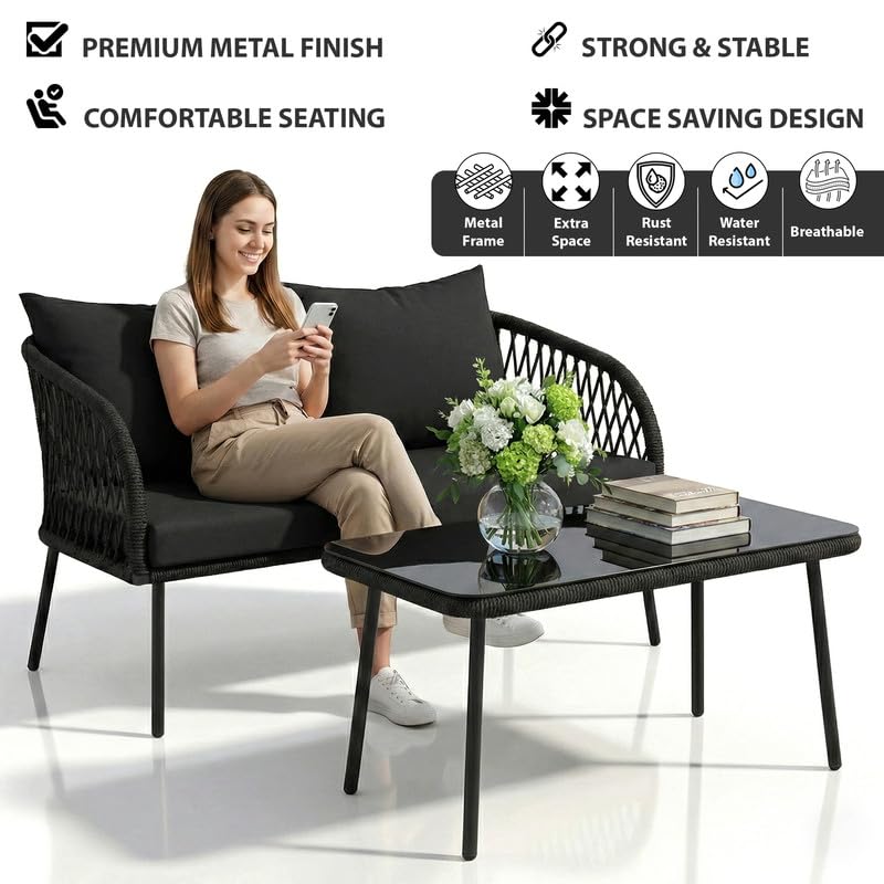 Image of OUTLIVING Braid Rope & Metal Frame Outdoor 4-Seater Sofa Set with Tempered Glass Top Center Table, Water-Repellent Cushions & Handwoven Design for Patio, Garden and Balcony (Black)