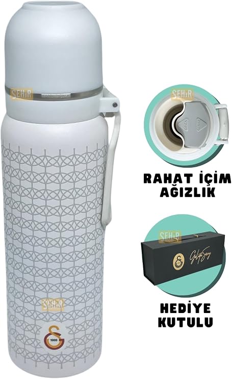 Galatasaray 650ml Lisanslı Çift Katlı Paslanmaz Çelik Termos 8 Saat Sıcak Soğuk Kutulu (Beyaz)