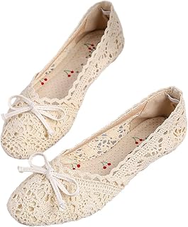 Generic Ballet Flats Shoes for Women, Crochet Lace Mesh Round Toe Slip On Breathable Summer Flats with Bow, Lightweight Casual Dress Walking Flat Shoes