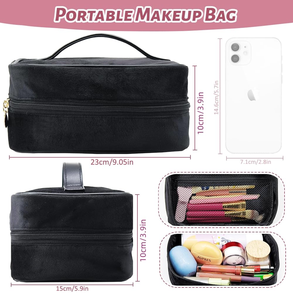 Makeup Bag,SULIHUA Travel Cosmetic Bags,Plush Makeup Brush Bag with Compartments PU Leather Handle Big Storage - Image 3