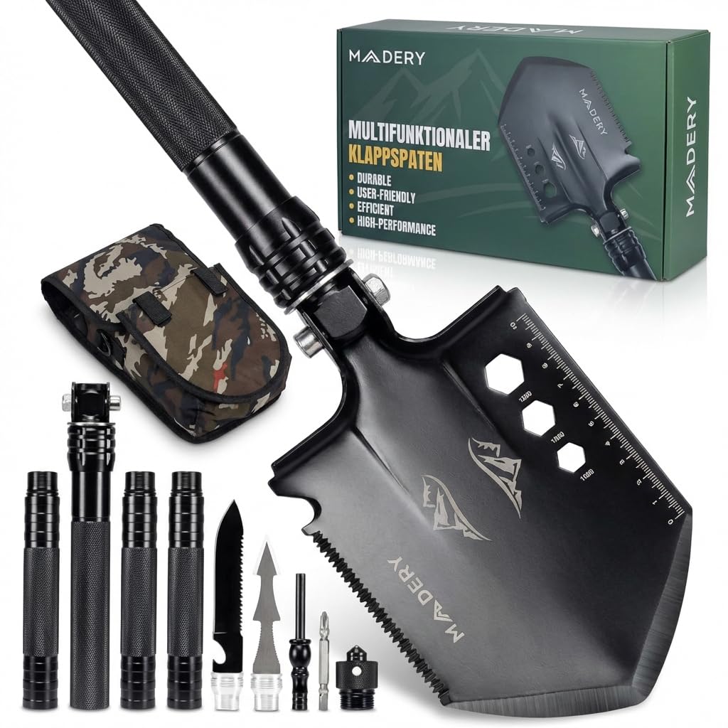 Klappspaten 11-in-1 Edelstahl Survival Schaufel | mit Tasche, für Camping, Auto & Garten, Geschenkidee für Männer