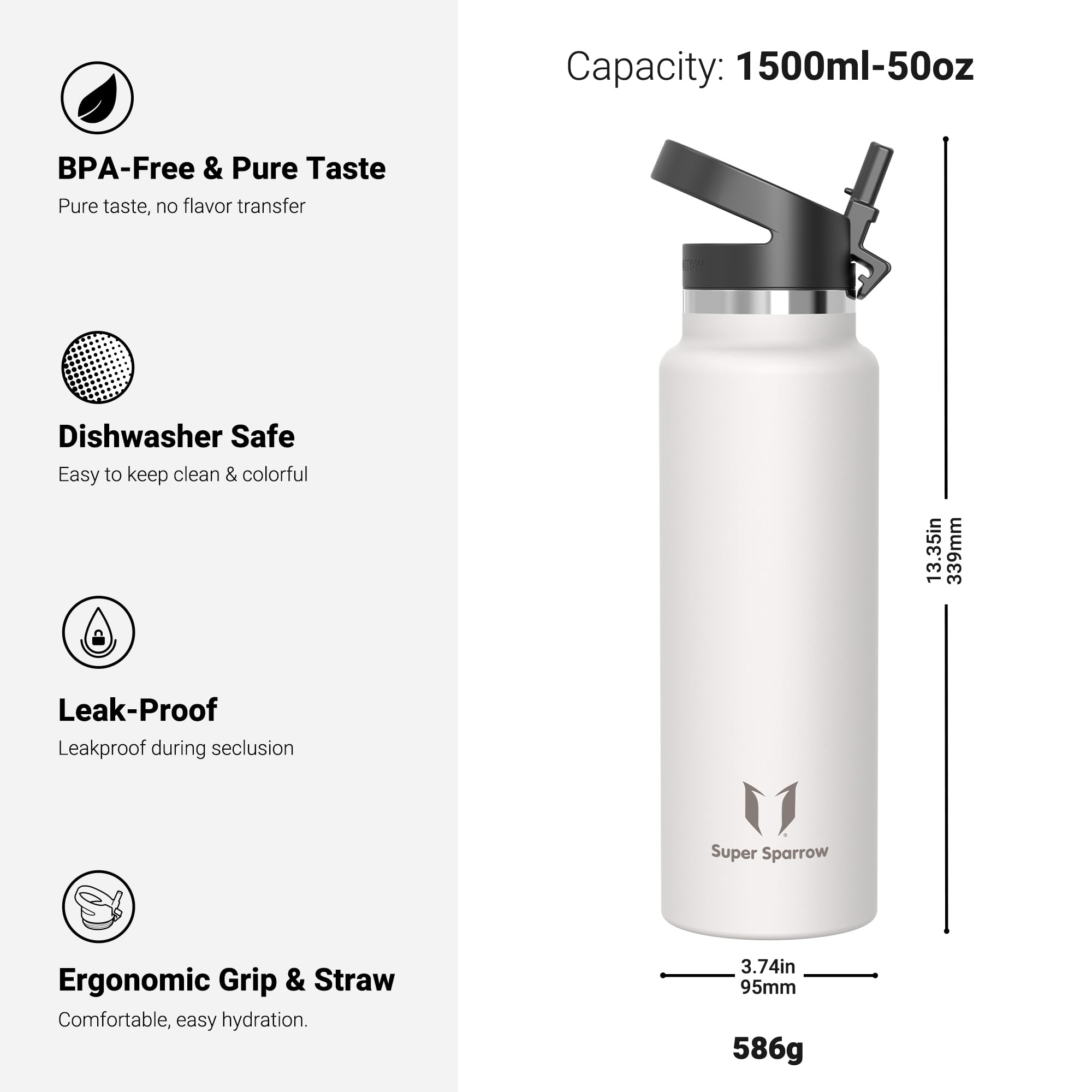 Super Sparrow Botella de Agua Acero Inoxidable - Botella Termica Boca Ancha con Paja 1.5L - Sin BPA, para Gimnasio, Deporte, Oficina, Yoga, Ciclismo - 3
