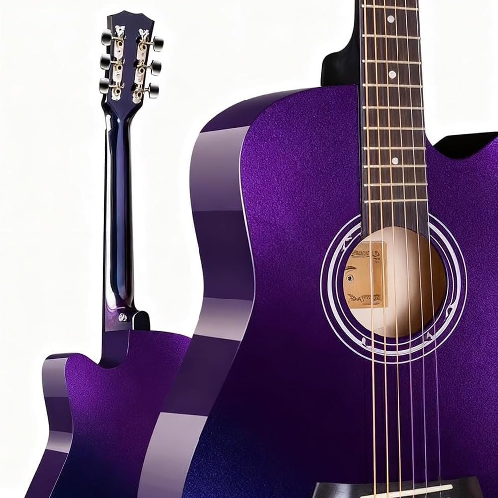 Gitara akustyczna dla początkujących 41 cali, 6-strunowa Przenośna gitara podróżna, z pokrowcem, strunami, paskiem, stroikiem i kostką,Purple,41in