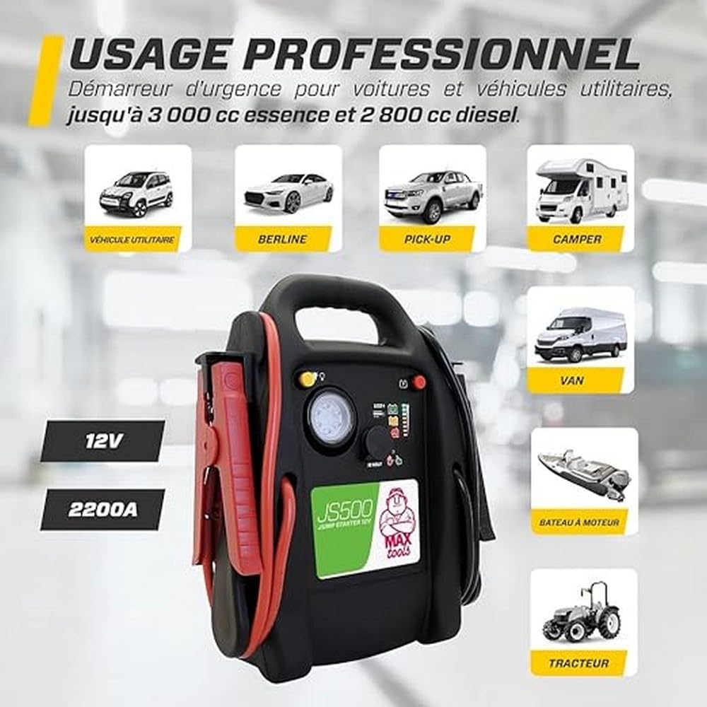 MAXTOOLS JS500 2200 A 22 Ah, arrancador de emergencia para coches y