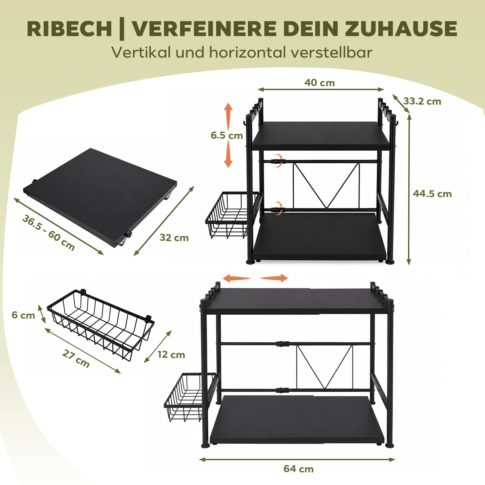 Verstellbarer Mikrowellenständer mit Ausziehablage, Korb & Haken