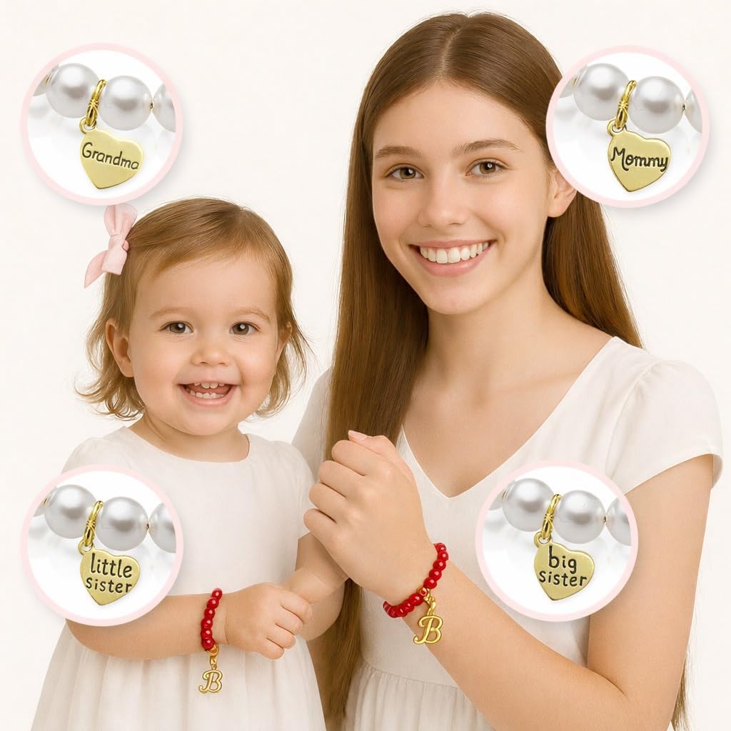 Baby Crystals Personalized Baby Bracelet Set of 2, Mommy and Me Matching 14K Gold Plated Bracelets with Initial & Family Charms, Red Pearl Protection Gift for Baby Girl, Mother Daughter