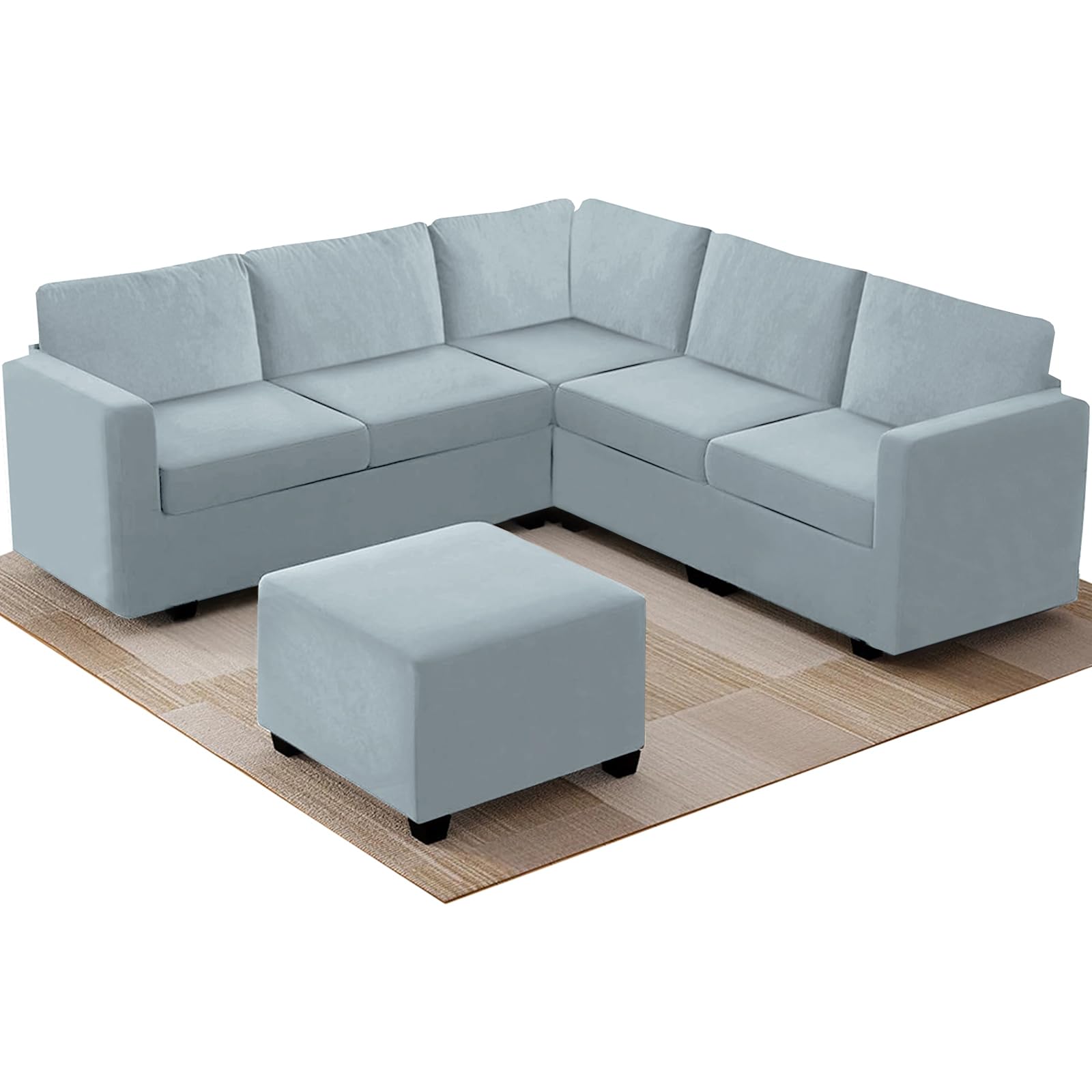 ZYBSLCSY Velvet Sofa Covers L Shape, Stretch Corner Sofa Cover with Couch Cushion Covers Washable Sofa Slipcovers for U Sectional Sofa (Stool Square-M,Light blue)
