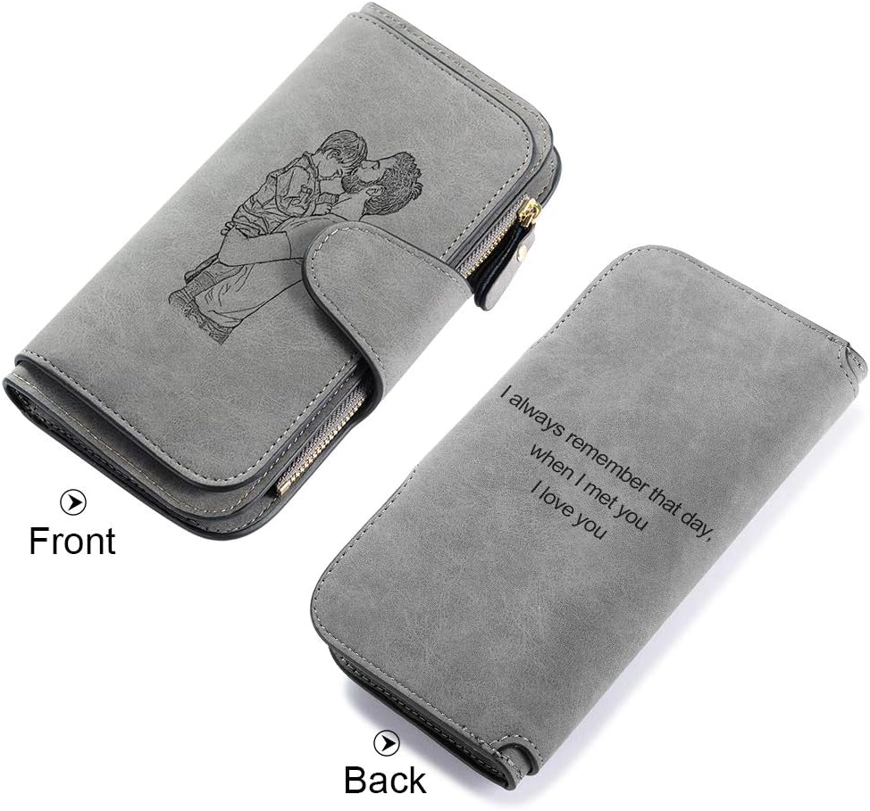 Lovejewelry Personalized Wallets for Women Photo Engraved PU Leather Trifold Wallet Credit Card Clutch Long Wallet for Girlfriend Mom Mother’s Day (Grey -2)