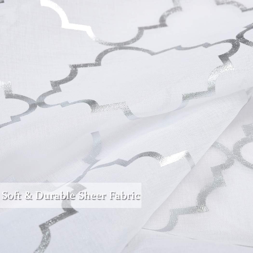 Kotile Silver White Sheer Curtains 84 Inches Long 2 Panels Metallic Shimmer Sheer Curtains for Living Room, Grommet Privacy Light Filtering Glitter Ogee Pattern Sheer Curtains, W52 x L84 Inch