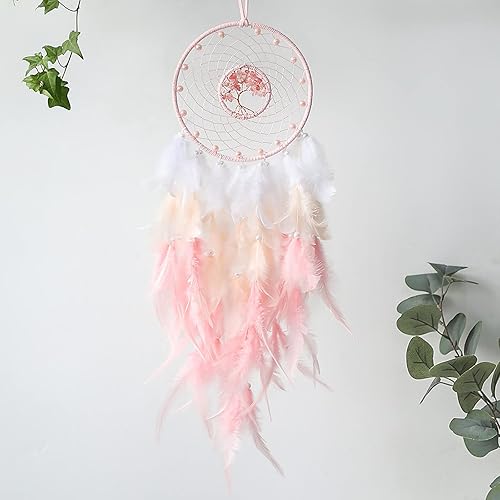 Atrapasueños del árbol de la vida atrapasueños hechos a mano con plumas rosas con piedras de cristal adornos de decoración para colgar en la pared