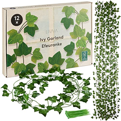 LIVAIA Efeu Kunstpflanzen: 12x Efeu Girlande – Fake Plant Zimmer Deko –...