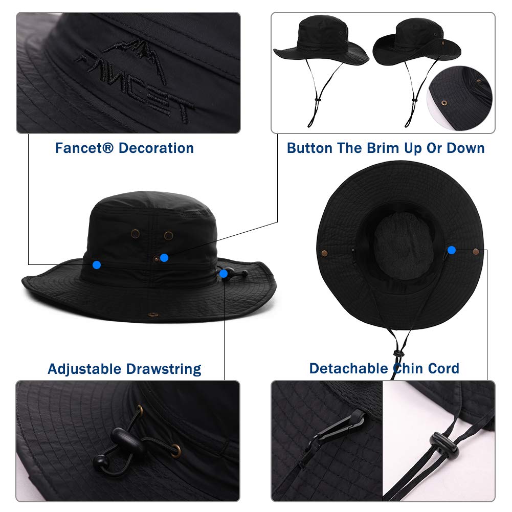 Comhats Chapeaux de soleil UPF 50 à large bord - Maille d'été - Protection UV - Chapeau safari pour la pêche, la randonnée - Chapeaux de boonie avec mentonnière - Imperméable et respirant, 00702_Noir,
