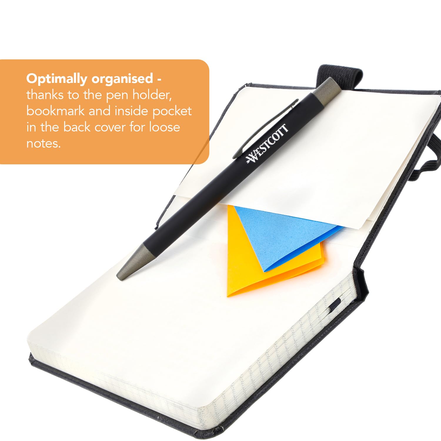 Westcott notebook DIN A6 squared | 192 pages in an elegant hardcover | 80 g/m² sustainable FSC-mix paper | with inside pocket, bookmark, elasticated closure and pen holder | E-744843 00      Case