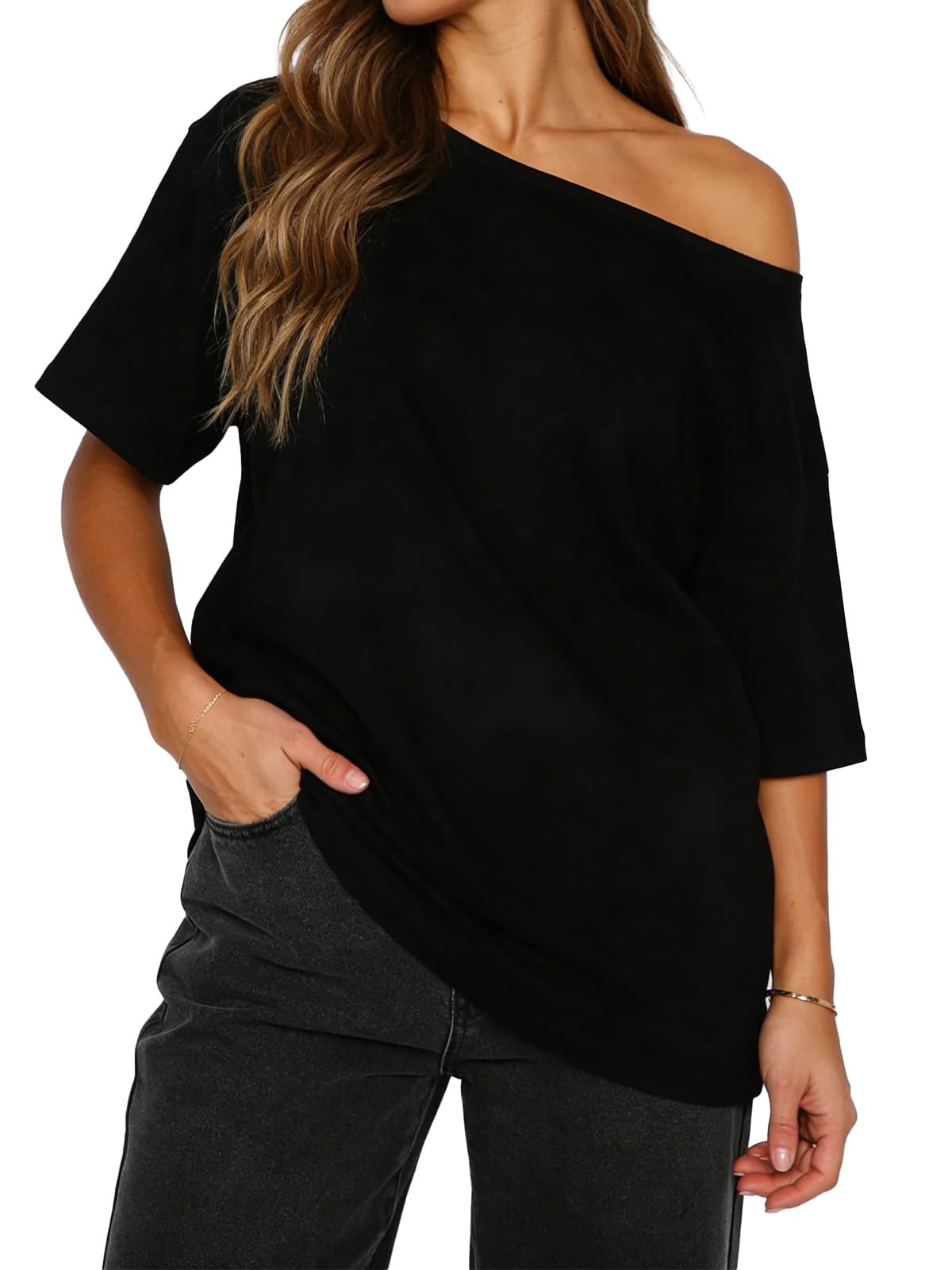 HAWILAND Off Shoulder damska koszulka oversize, z odkrytymi ramionami, elegancka koszulka z krótkim rękawem, długa koszulka z rękawami nietoperza