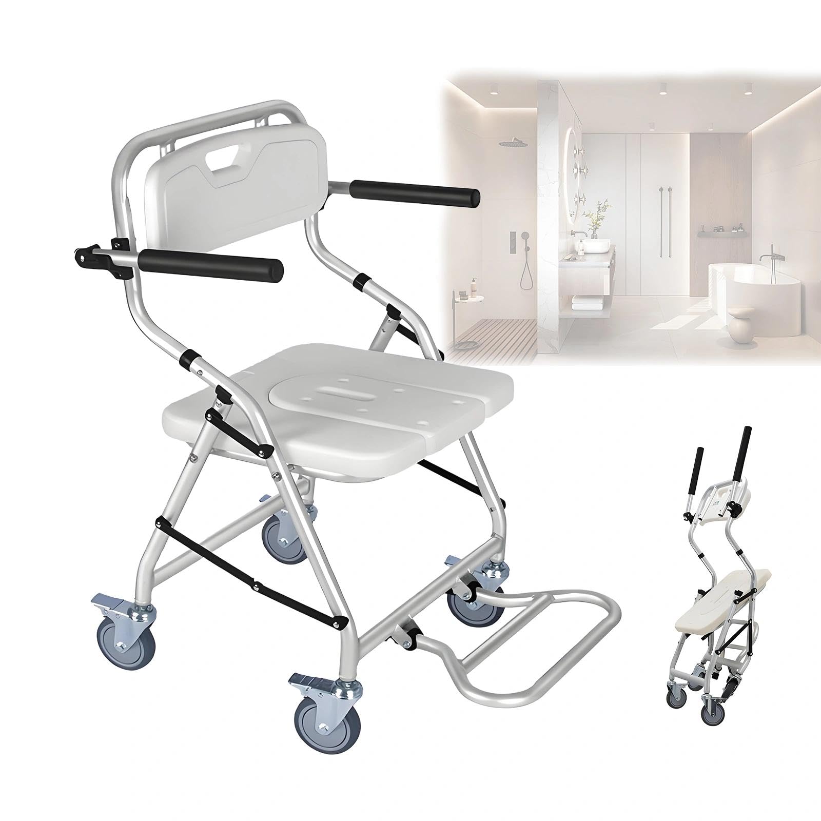 Sedia da Doccia con Rotelle, Sedia WC Doccia con Rotelle Pieghevole, Bianco Sedia da Toilette Mobile per Malati, Disabili e Incinte, Sgabello Doccia con Braccioli e Schienale, Carico 120 kg