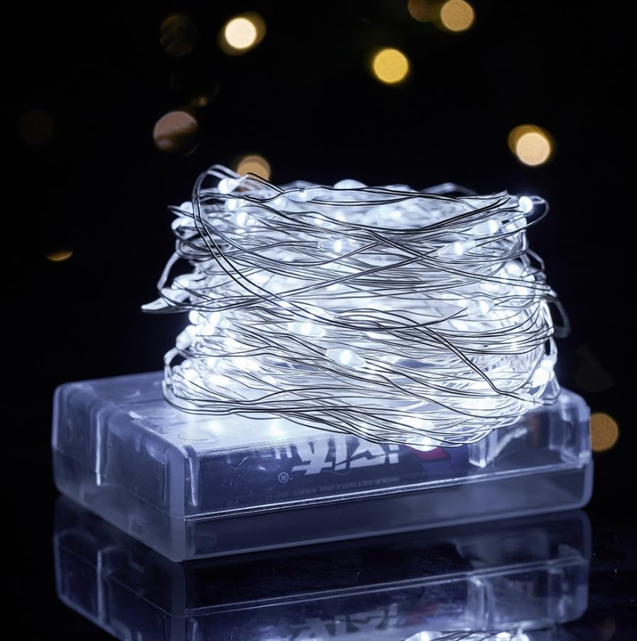 Volunx LED Fairy Lights, Battery Operated Silver Copper Wire String Lights, 1/3/5/10m Length Options for Indoor Outdoor, Christmas, Halloween, Bedroom, Party Decoration (Cold White, 10m / 100LED)