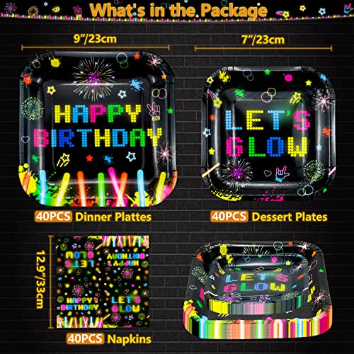 120 Pack Neon Glow Party Supplies Glow Tableware Set Glow Party Teller Glow in the Dark Birthday Teller, Servietten und Gabeln Schwarzlicht Party Dekoration Serviert 40