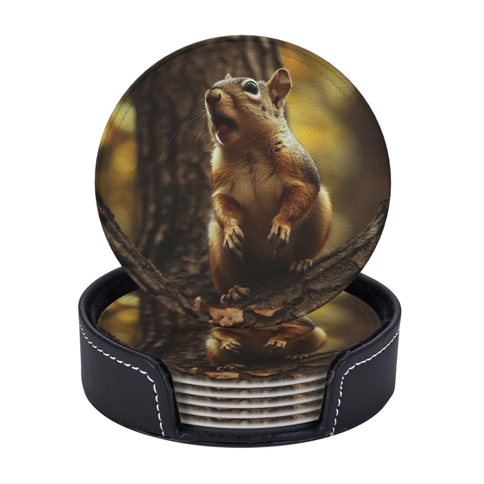 Drink Coasters 6Pcs Round Leather Coaster with Holder Squirrel Sticks out Tongue Coasters for Drinks Coffee Cup Mat Heat Resistant Coaster for Tabletop Protection Desk Accessories Office Home Decor