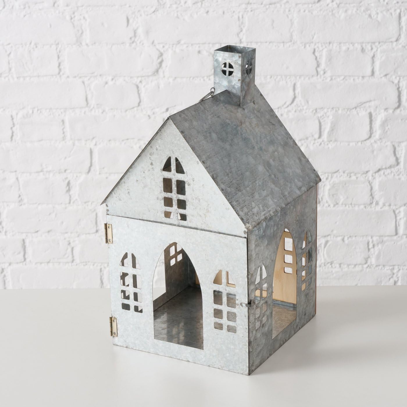 Boltze Home Laterne Lichthaus Zürich 2er-Set Silberfarben Natur Hausform Metall Holz Teelichthalter Kerzenhalter Dekoration für Innenbereich