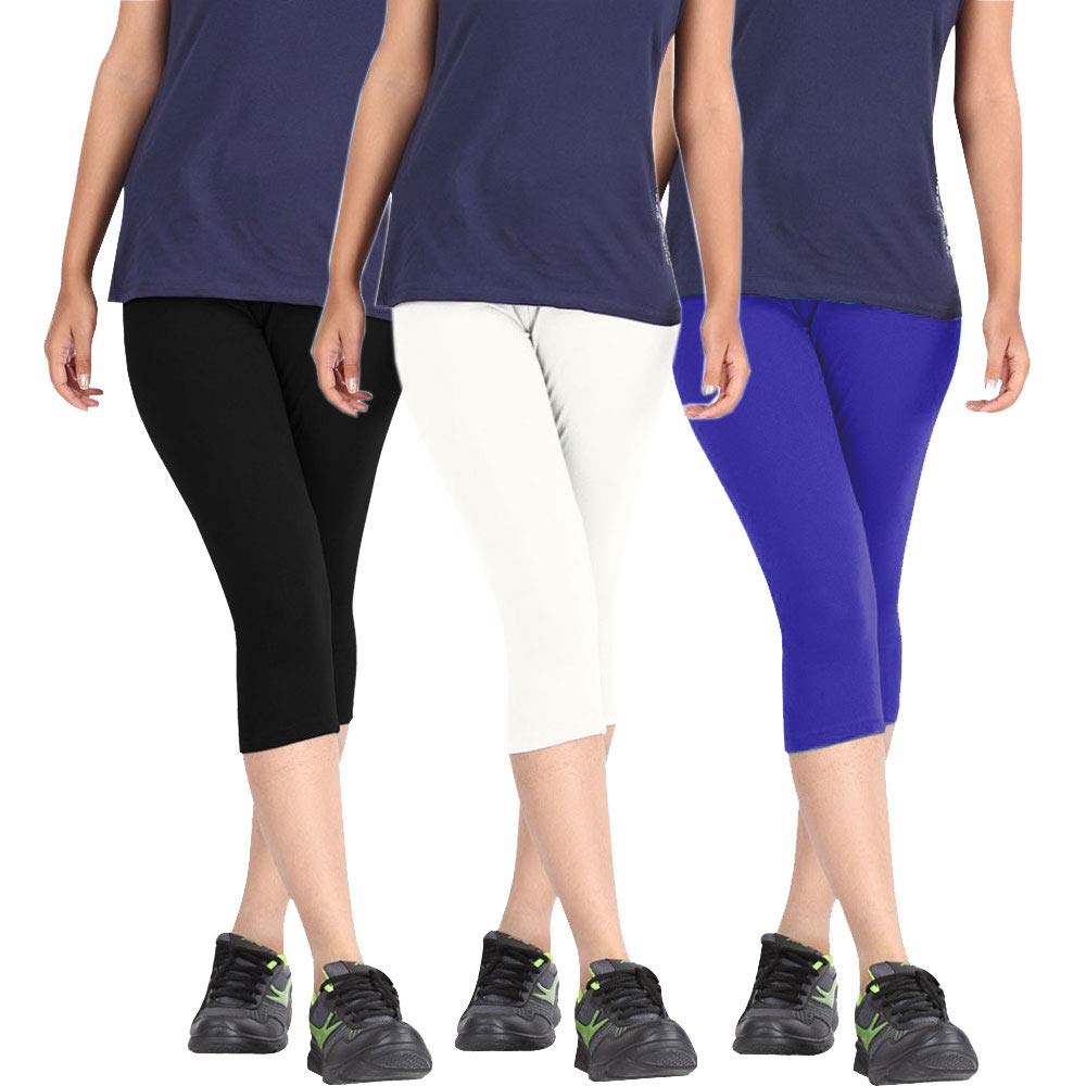 pixie fashion Biowashed Cotton Stretchable Capri Leggings Combo Pack of 3 for Women/Girls (Black, White, Blue) - Free Size-picture-46