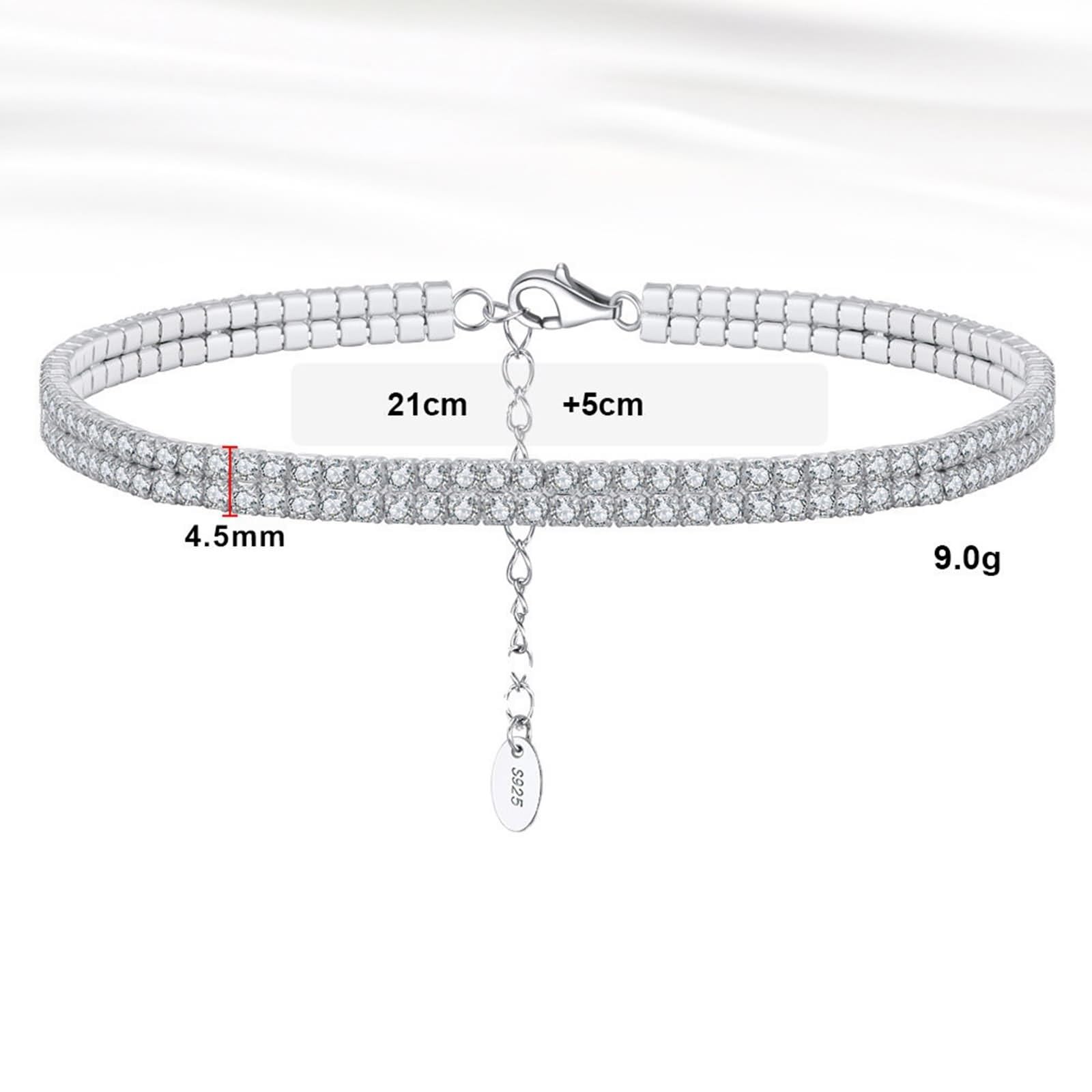 Tobillera de plata para mujer, tobillera de plata de ley 925, cadena de tenis de 2 capas, tobillera bohemia para mujer con circonita cúbica blanca redonda, Plata de ley, Circonita cúbica