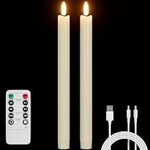Rechargeable Flameless Taper Candles with Remote Real Wax Ivory 2Pcs