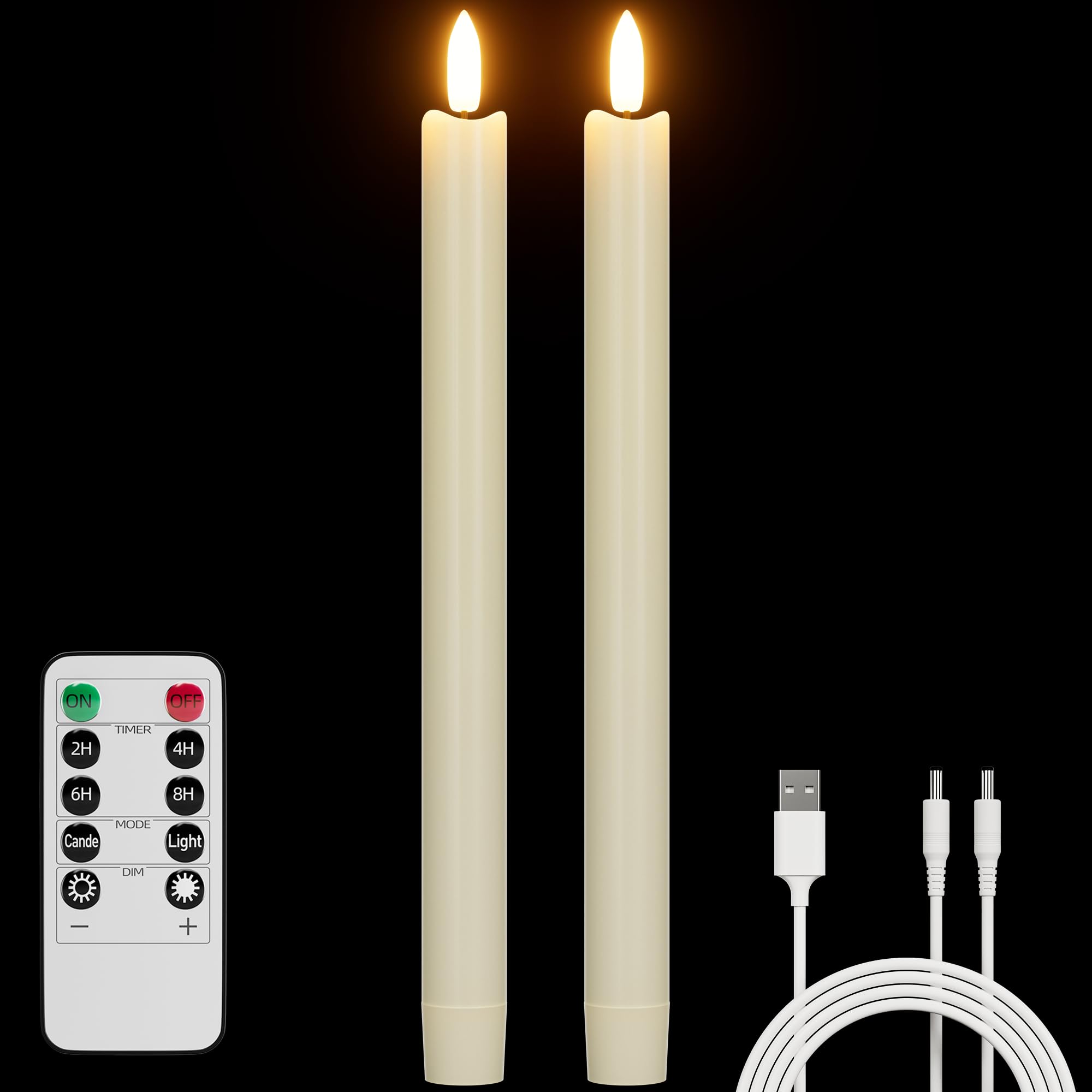 Velas de cera real sin llama recargables juego de dos candelabros led realistas marfil 7