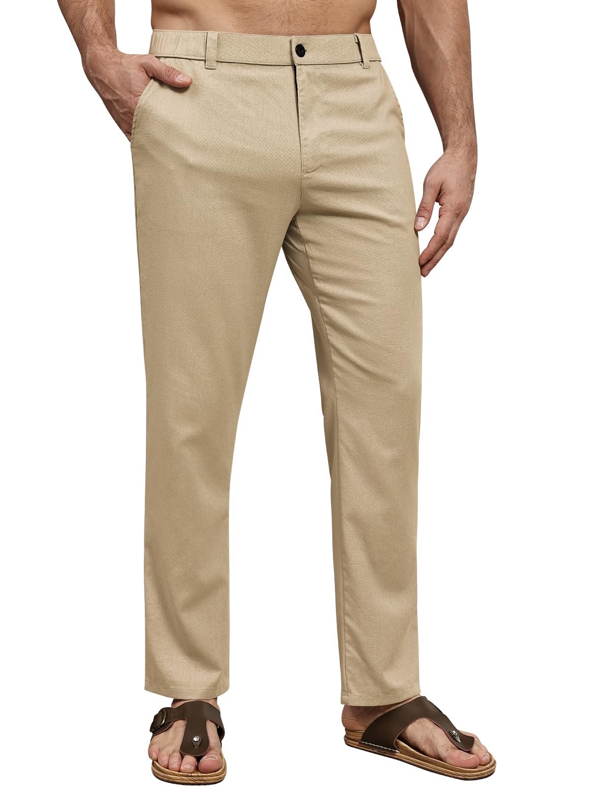 Suwangi Hombre Pantalones de Casuales Pantalones Largos Verano Ligeros Pantalon Lino Mezclar Cintura Elástica con Bolsillos
