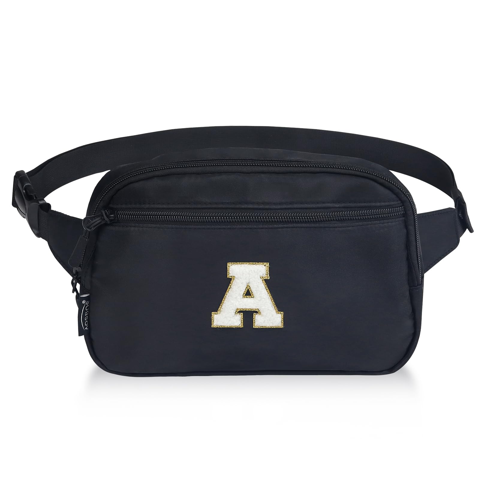 Aosbos Small Crossbody Bag for Women Everywhere Belt Bag Fanny Pack Water-Resistant Waist Pack with Chenille Letter A Black