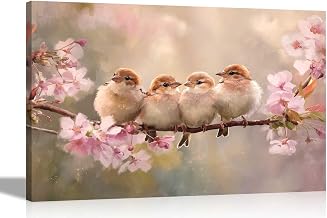 Artley Prints - Young Birds on Tree With Pink Leaves Canvas Prints Home Office Conservatory Nature Wall Art Décor Extra Large 101 x 76cm (40 x 30 inches)