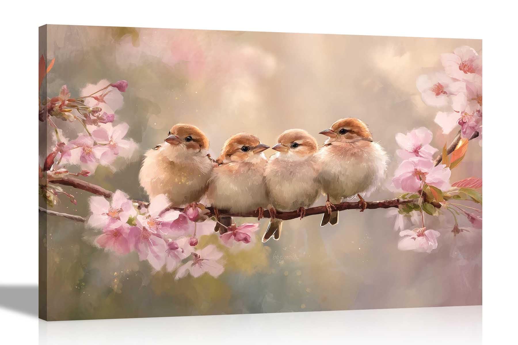 Artley Prints Baby Birds Cherry Tree - Young Birds On Tree With Pink Leaves Canvas Prints Home Office Conservatory Nature Wall Art Décor 60 X 40Cm (24 X 16 Inches) A2
