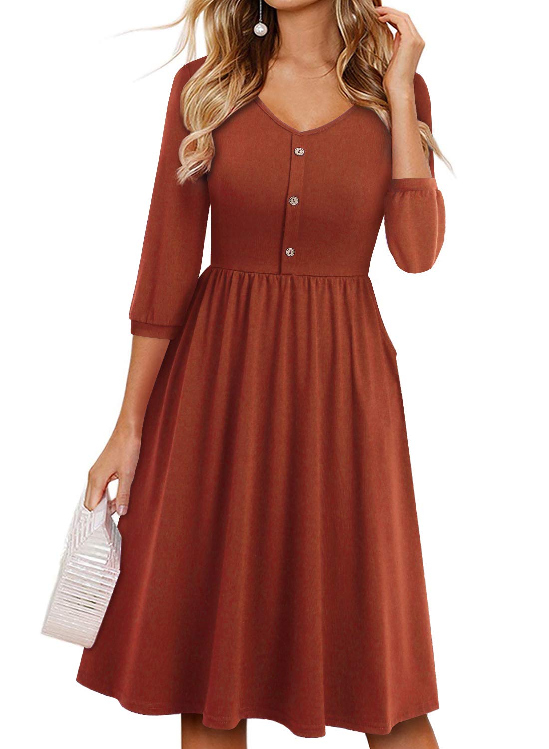YATHONFall Dresses for Women 2023 with Sleeves Cotton V Neck Button Down A Line Casual Dress Pockets