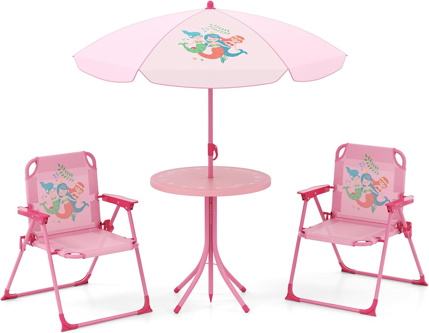 HOMGX Kids Picnic Table with Umbrella, Kids Outdoor Table with 2 Folding Chairs, Height Adjustable Umbrella, Portable Kids Outdoor Furniture for Backyard, Garden, Patio (Pink)