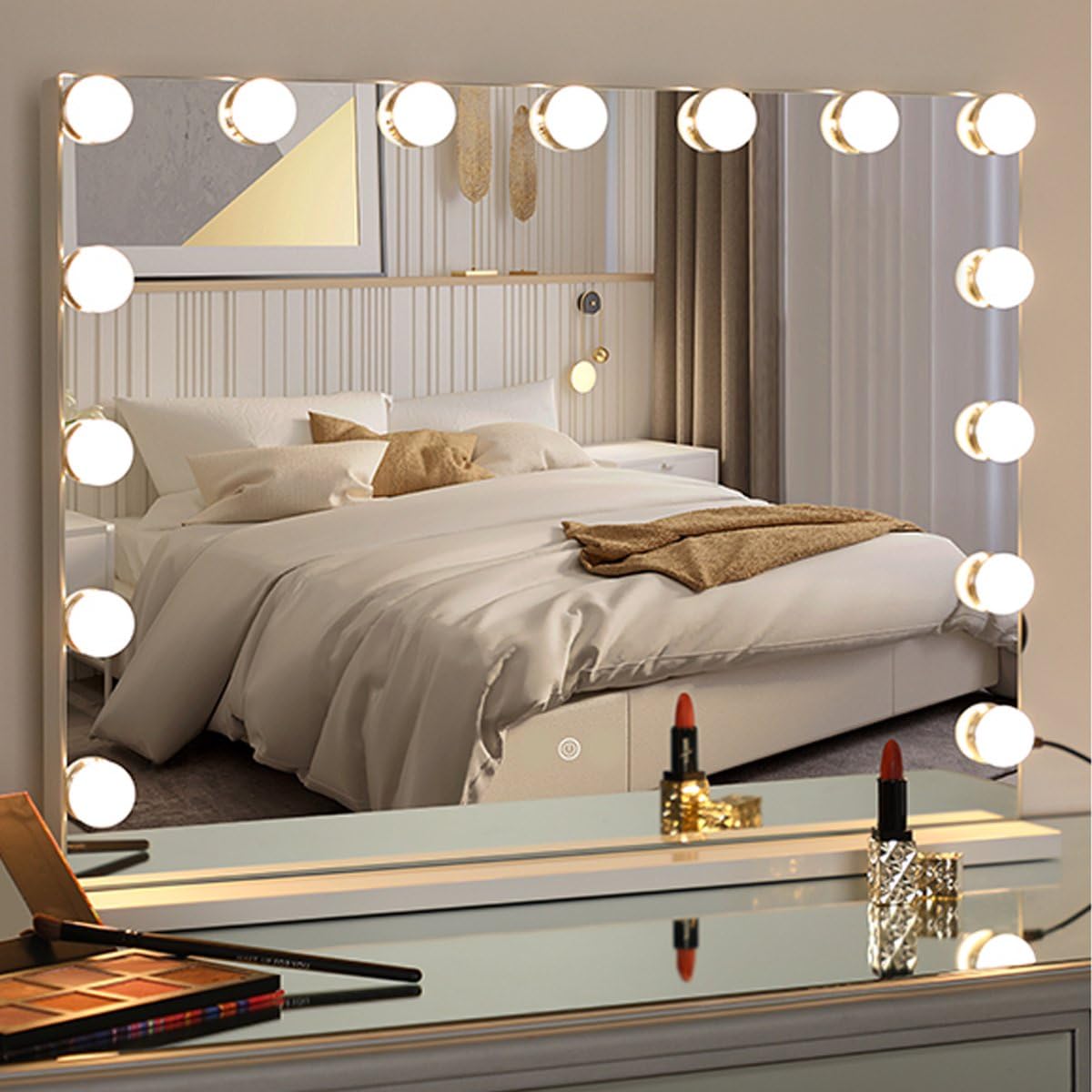 SensaHome Vanity Mirror Pro – Hollywood-Schminkspiegel mit 15 dimmbaren LED-Lampen, 3 Lichtmodi, 80 x 60 cm – Weiß