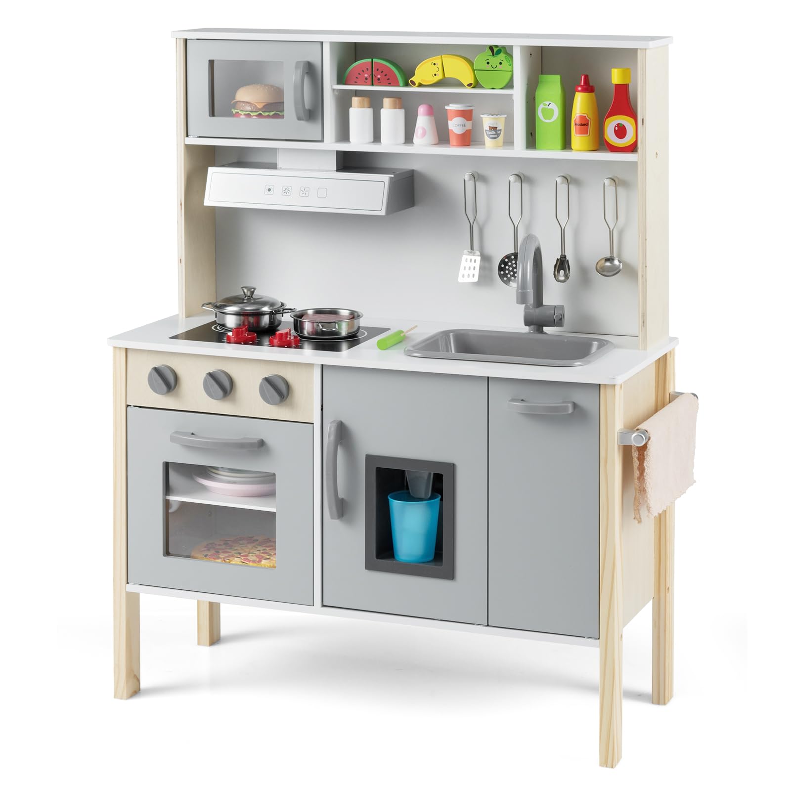 COSTWAY Kids Wooden Kitchen, Pretend Play Kitchen with Sound, Microwave, Oven, Ice Maker, Range Hood, Sink & 18 Accessories, Children Chef Role Playset for Boys Girls Ages 3+ (Grey)