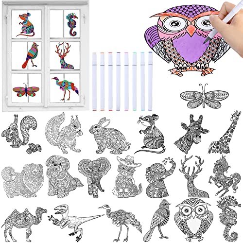 Leinuosen 28 Pcs Color Your Own Window Clings with Markers Stain Glass Craft DIY Paint Kit Window Art Fun Activities Crafts Sun Catcher for Adults Women Home Decor(Animals)