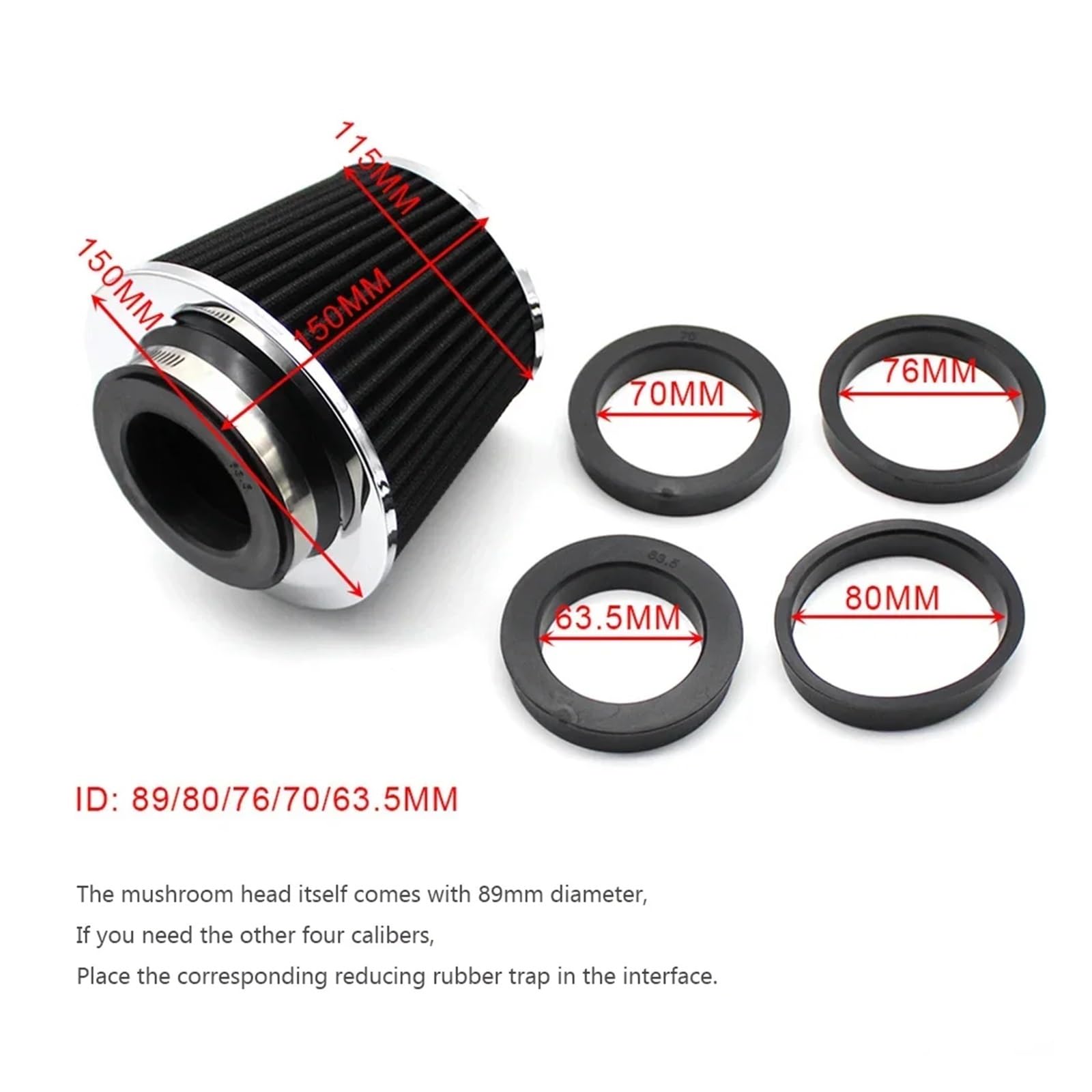 Filtro De Aire Universal para Coche Cabezal Seta Modificado, Entrada Frío Alto Flujo Cono Deportivo 63/70/76/80/90mm Filtros Auto