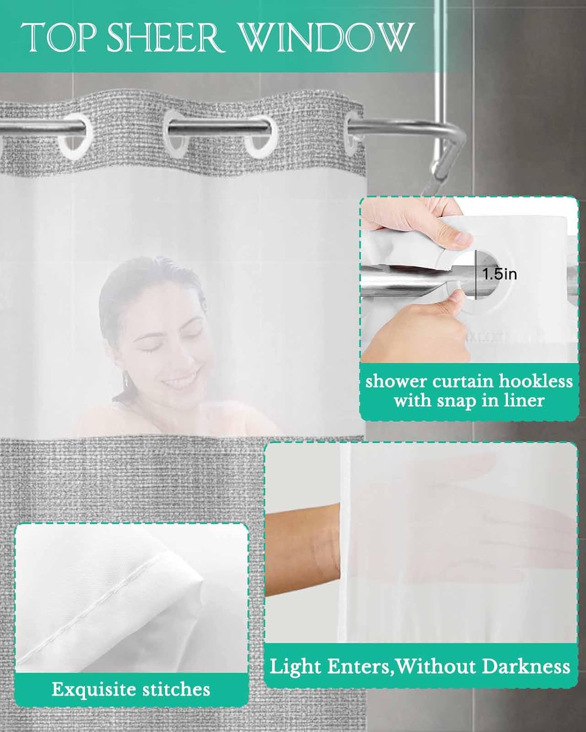 No Hook Shower Curtain and Snap in Liner Set, Vintage Gray Fabric Bathroom Shower Curtains 60x72 Inch, See Through Mesh Top Window, Farmhouse Retro Beige Solid Color Hotel Style, Washable Waterproof